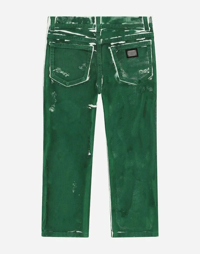 Dolce and Gabbana Trousers And Shorts Children 5pocket Treated Denim Jeans With Logo Tag Green Dolce and Gabbana Trousers And Shorts Children 5pocket Treated Denim Jeans With Logo Tag Green