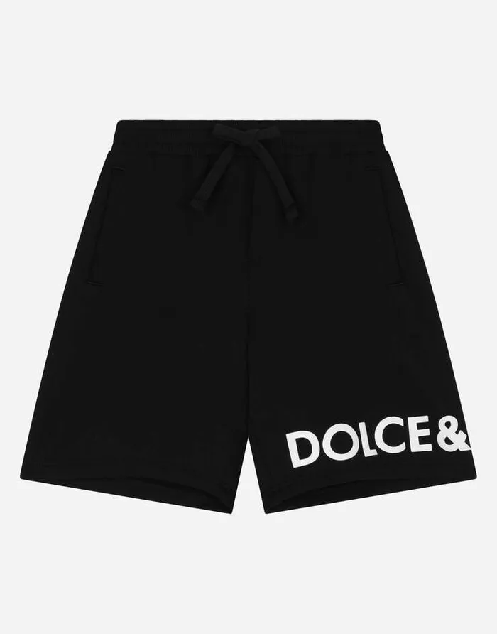 Dolce and Gabbana Trousers And Shorts Children Cotton Jogging Shorts With Logo Print Black Dolce and Gabbana Trousers And Shorts Children Cotton Jogging Shorts With Logo Print Black