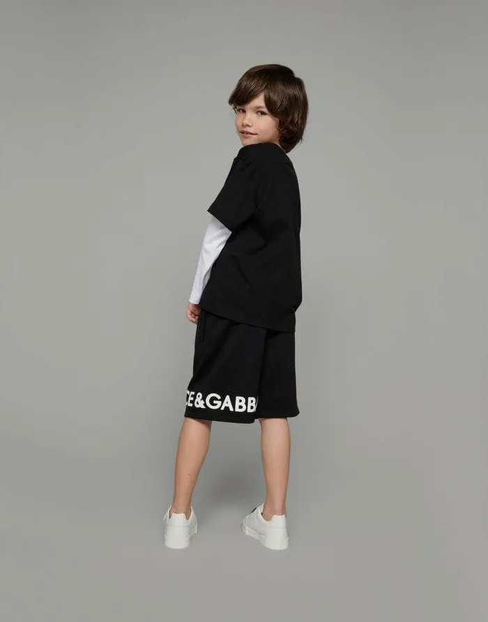 Dolce and Gabbana Trousers And Shorts Children Cotton Jogging Shorts With Logo Print Black Dolce and Gabbana Trousers And Shorts Children Cotton Jogging Shorts With Logo Print Black