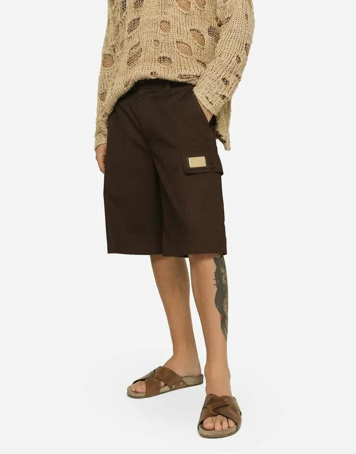 Dolce and Gabbana Trousers And Shorts Men Cotton Gabardine Cargo Bermuda Shorts With Brand Plate Brown Dolce and Gabbana Trousers And Shorts Men Cotton Gabardine Cargo Bermuda Shorts With Brand Plate Brown