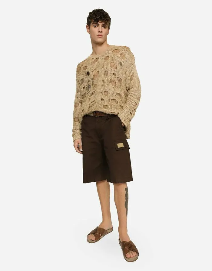 Dolce and Gabbana Trousers And Shorts Men Cotton Gabardine Cargo Bermuda Shorts With Brand Plate Brown Dolce and Gabbana Trousers And Shorts Men Cotton Gabardine Cargo Bermuda Shorts With Brand Plate Brown