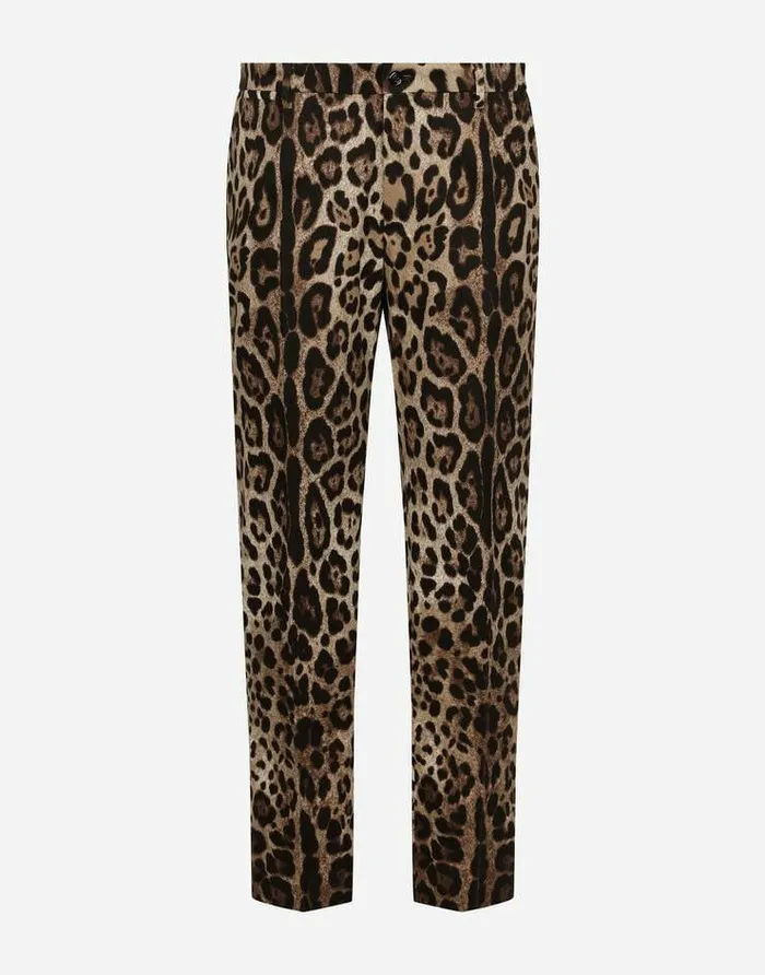 Dolce and Gabbana Trousers And Shorts Men Cotton Stretch Pants With Leopard Print Multicolor