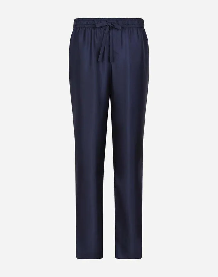 Dolce and Gabbana Trousers And Shorts Men Silk Jogging Pants With DG Embroidered Patch Blue Dolce and Gabbana Trousers And Shorts Men Silk Jogging Pants With DG Embroidered Patch Blue