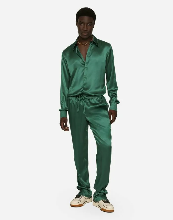 Dolce and Gabbana Trousers And Shorts Men Silk Satin Jogging Pants With Metal DG Logo Multicolor Dolce and Gabbana Trousers And Shorts Men Silk Satin Jogging Pants With Metal DG Logo Multicolor