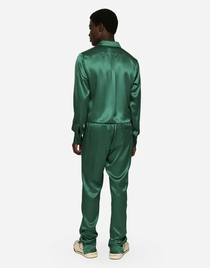 Dolce and Gabbana Trousers And Shorts Men Silk Satin Jogging Pants With Metal DG Logo Multicolor Dolce and Gabbana Trousers And Shorts Men Silk Satin Jogging Pants With Metal DG Logo Multicolor