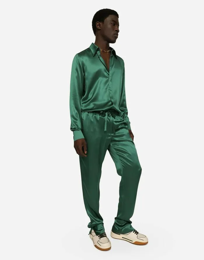 Dolce and Gabbana Trousers And Shorts Men Silk Satin Jogging Pants With Metal DG Logo Multicolor Dolce and Gabbana Trousers And Shorts Men Silk Satin Jogging Pants With Metal DG Logo Multicolor