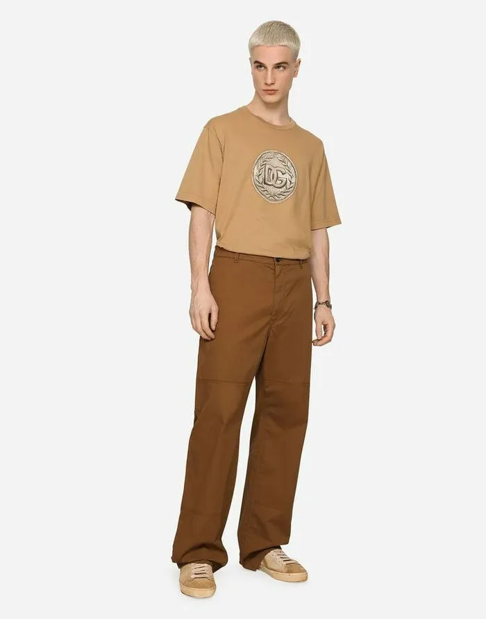 Dolce and Gabbana Trousers And Shorts Men Stretch Cotton Worker Pants With Brand Plate Brown