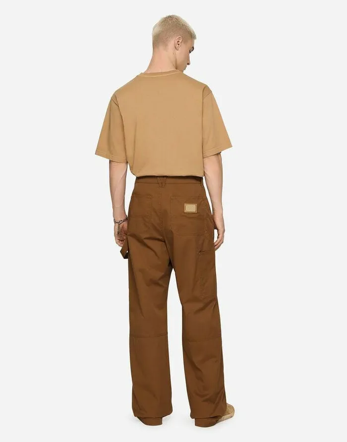 Dolce and Gabbana Trousers And Shorts Men Stretch Cotton Worker Pants With Brand Plate Brown