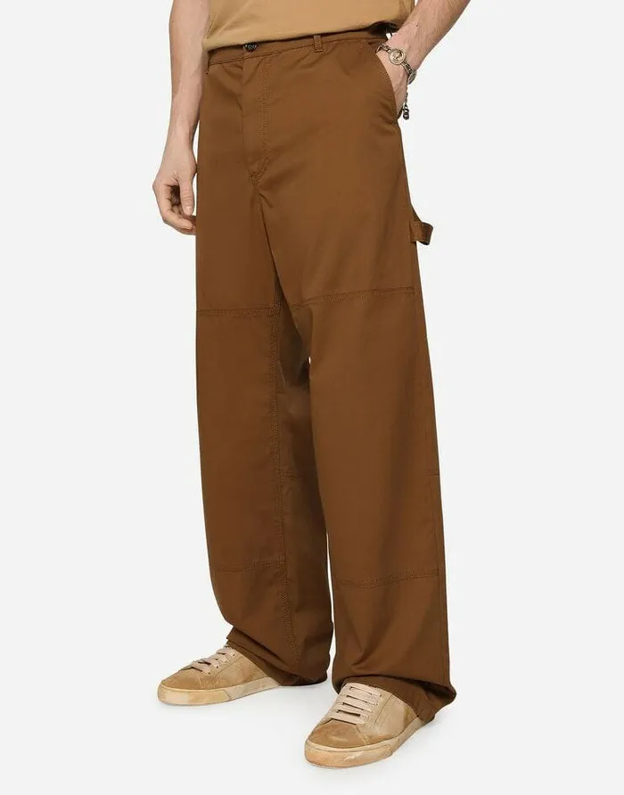Dolce and Gabbana Trousers And Shorts Men Stretch Cotton Worker Pants With Brand Plate Brown