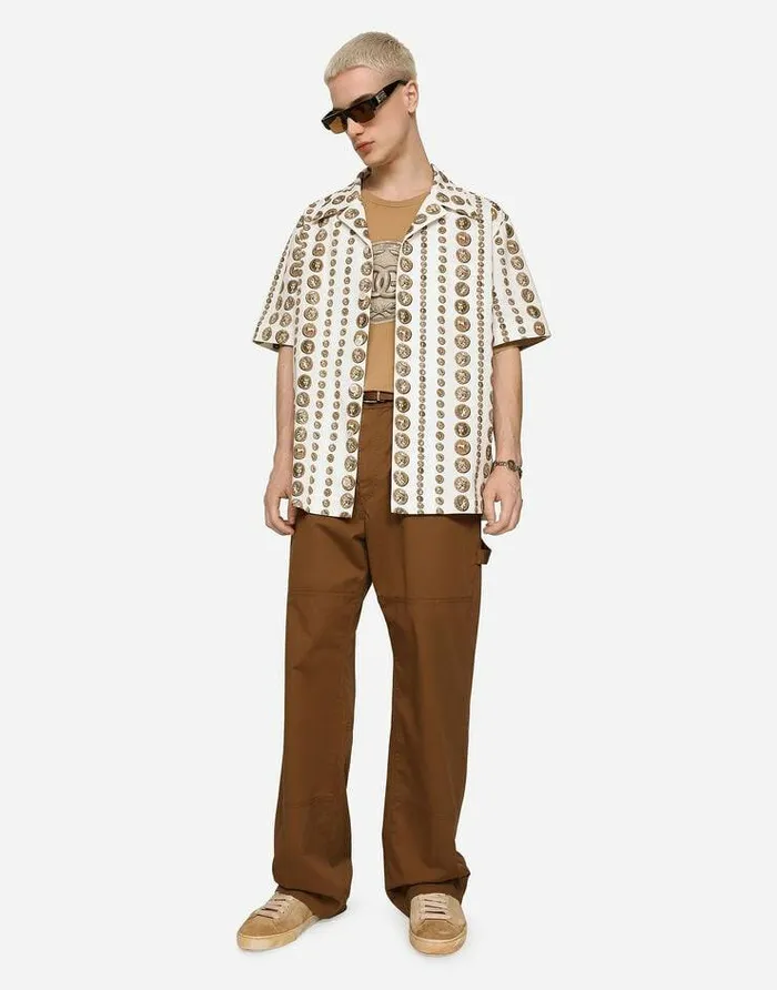 Dolce and Gabbana Trousers And Shorts Men Stretch Cotton Worker Pants With Brand Plate Brown