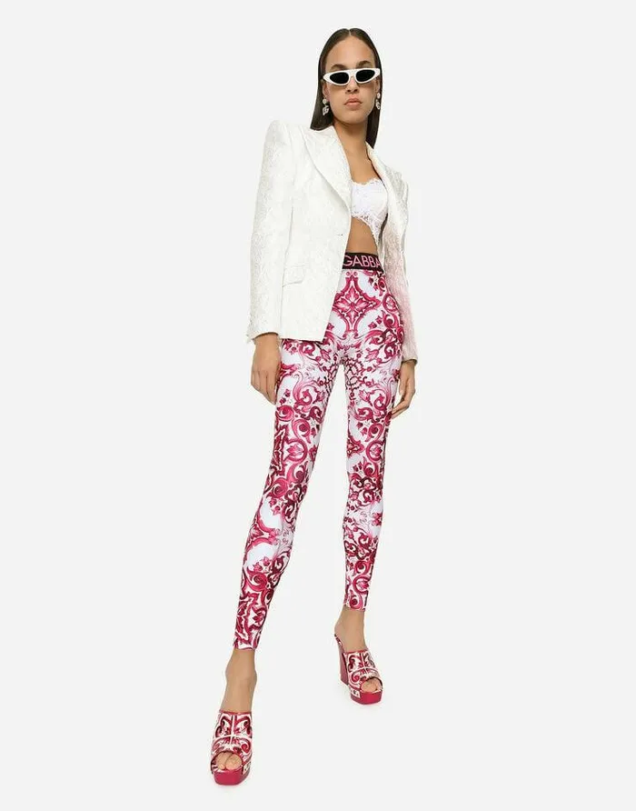 Dolce and Gabbana Trousers And Shorts Women Majolicaprint Jersey Leggings Multicolor Dolce and Gabbana Trousers And Shorts Women Majolicaprint Jersey Leggings Multicolor