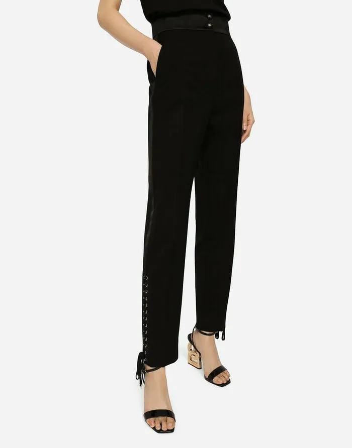 Dolce and Gabbana Trousers And Shorts Women Twill Pants With Lacing Black Dolce and Gabbana Trousers And Shorts Women Twill Pants With Lacing Black