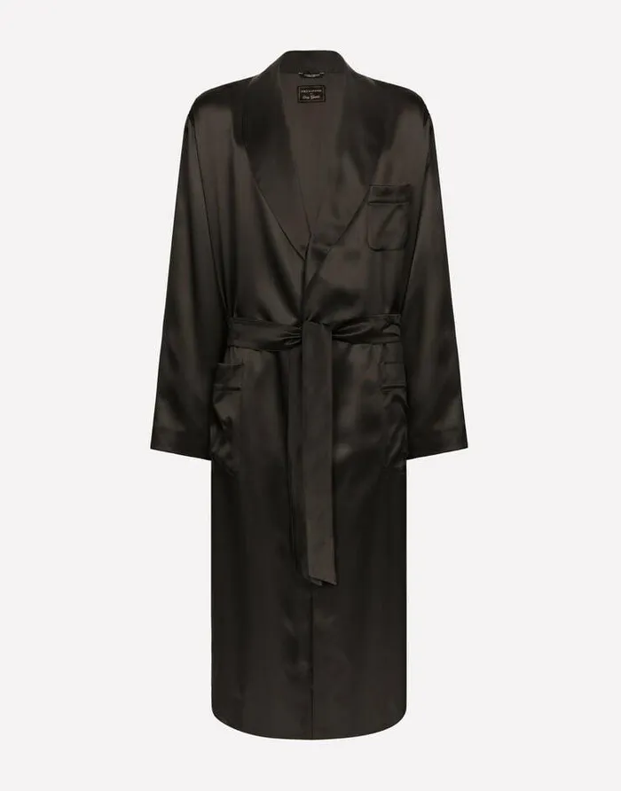 Dolce and Gabbana Underwear And Loungewear Men Silk Satin Robe With Metal DG Logo Black