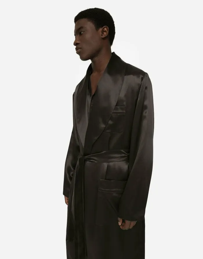 Dolce and Gabbana Underwear And Loungewear Men Silk Satin Robe With Metal DG Logo Black Dolce and Gabbana Underwear And Loungewear Men Silk Satin Robe With Metal DG Logo Black
