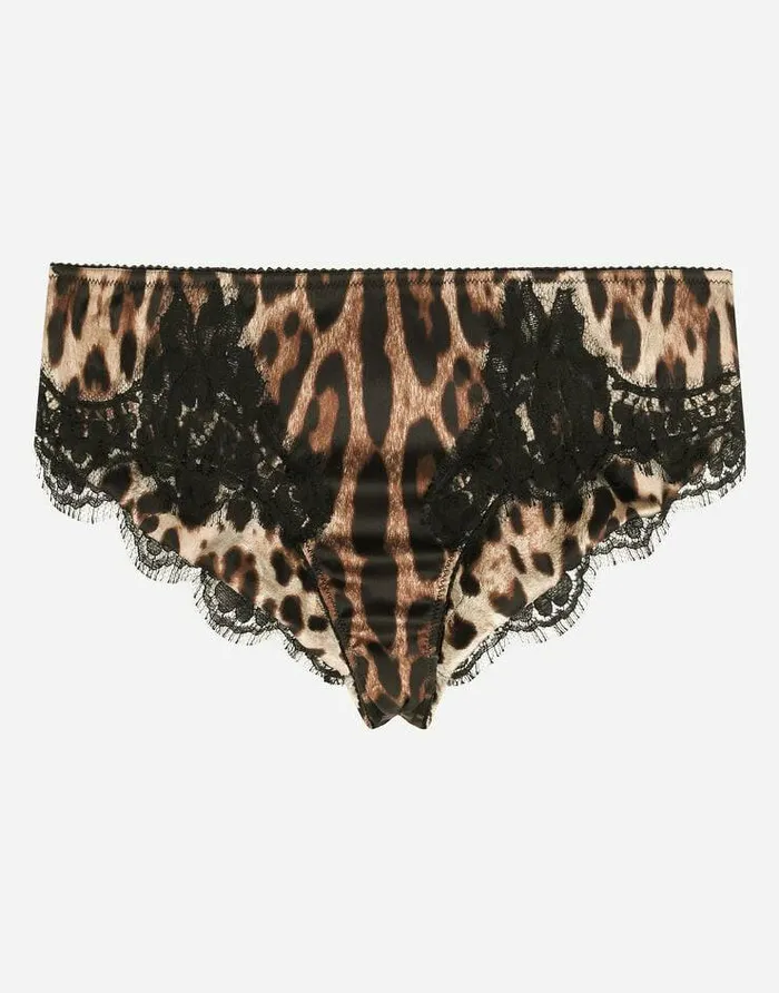 Dolce and Gabbana Underwear Women Leopardprint Satin Briefs With Lace Detailing Multicolor