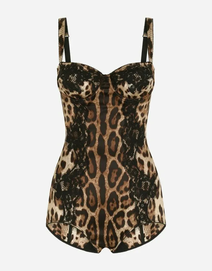 Dolce and Gabbana Underwear Women Silk Balconette Lingerie Bodysuit With Leopardprint Lace Details Multicolor