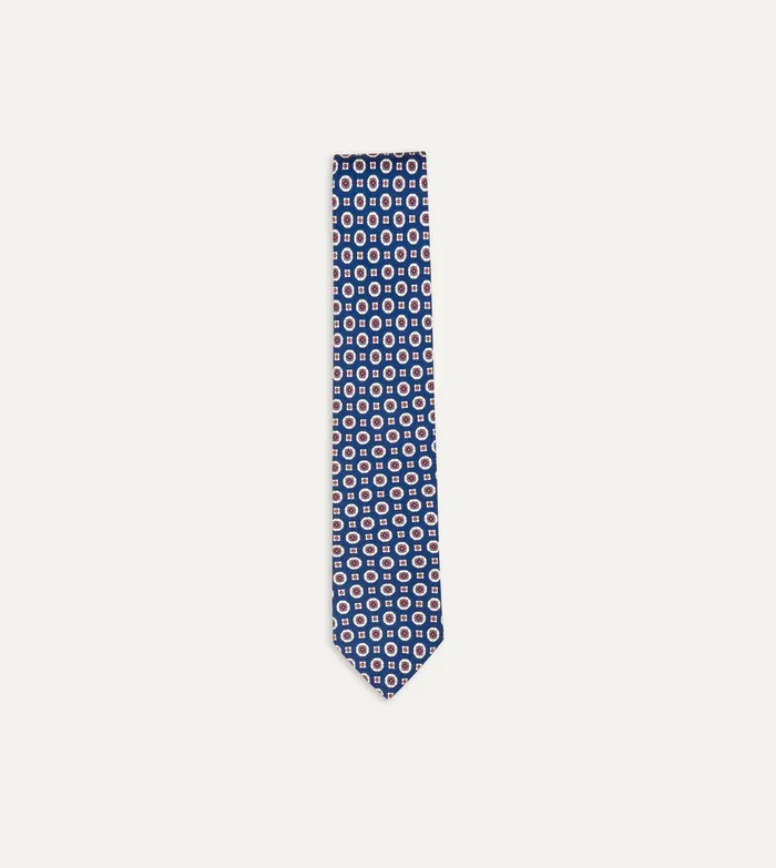 Drake039s Blue And Red Geometric Medallion Print Silk Foulard Tie 8211 Ties