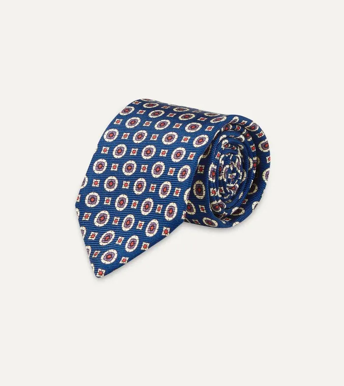 Drake039s Blue And Red Geometric Medallion Print Silk Foulard Tie 8211 Ties