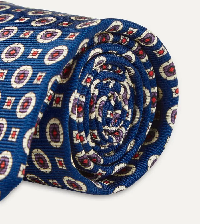 Drake039s Blue And Red Geometric Medallion Print Silk Foulard Tie 8211 Ties