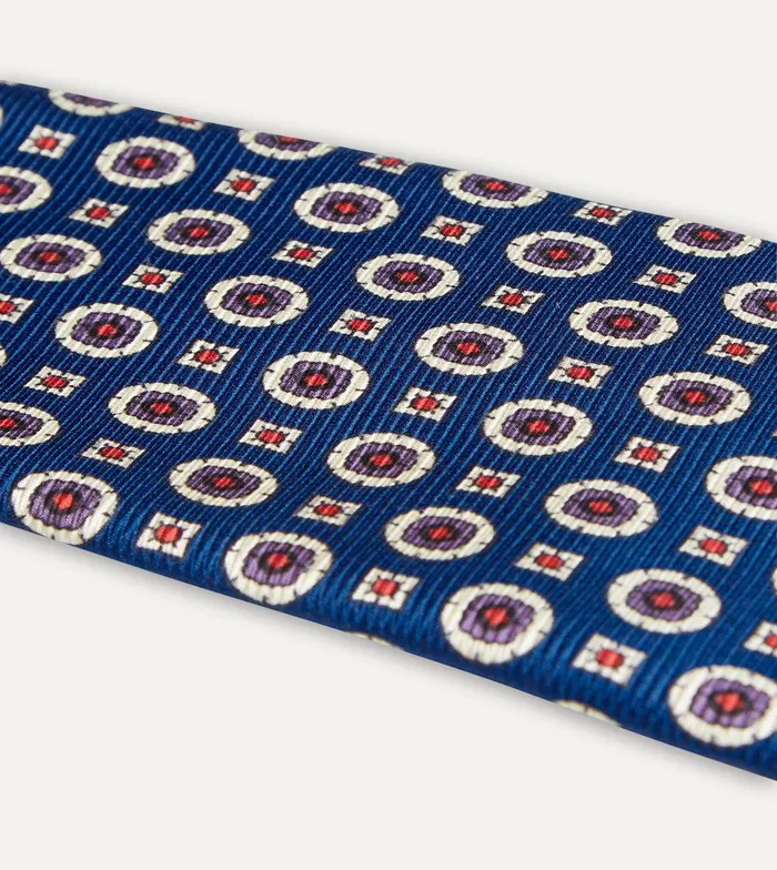 Drake039s Blue And Red Geometric Medallion Print Silk Foulard Tie 8211 Ties