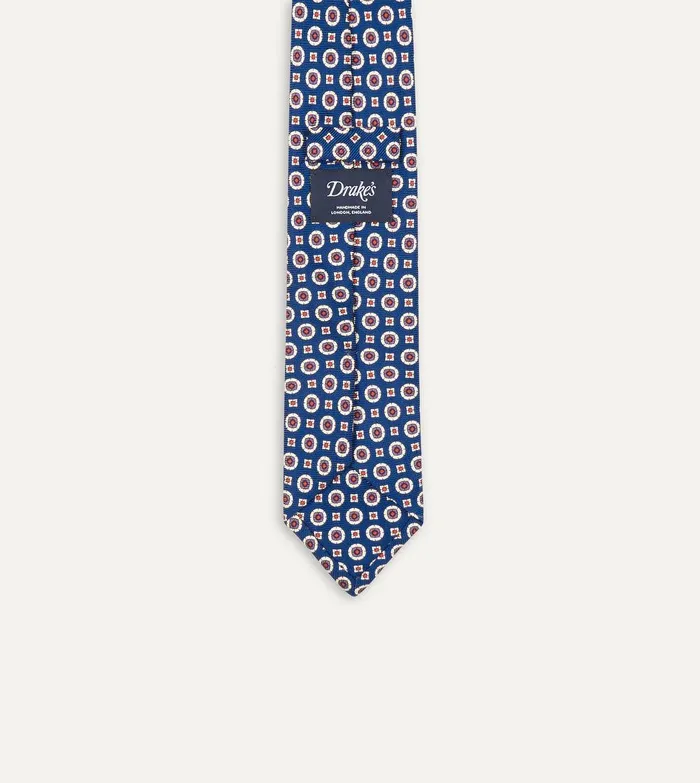 Drake039s Blue And Red Geometric Medallion Print Silk Foulard Tie 8211 Ties