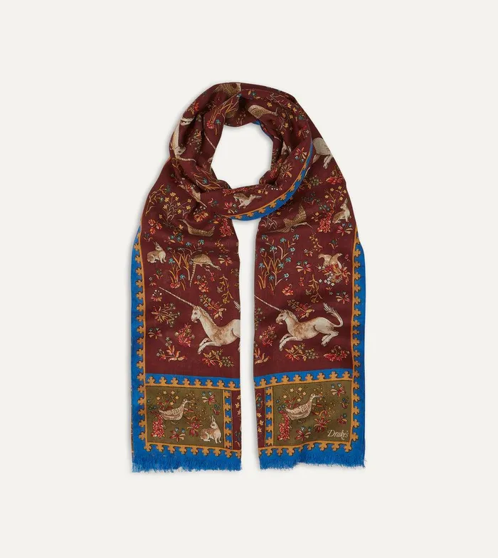 Drake039s Burgundy Unicorn Print WoolSilk Scarf 8211 Accessories