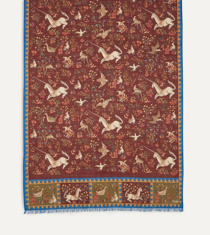 Drake039s Burgundy Unicorn Print WoolSilk Scarf 8211 Accessories
