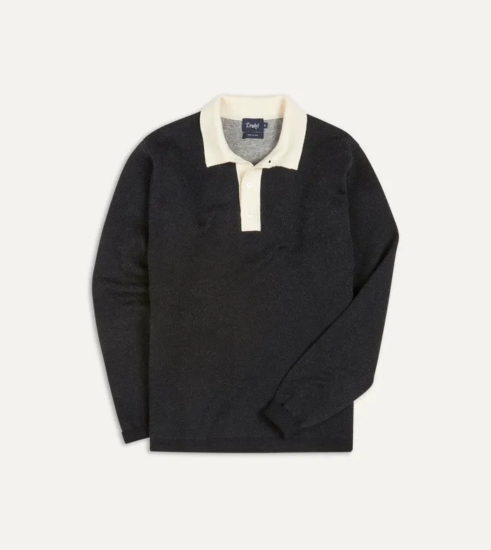 Drake039s Navy And Ecru Merino Wool Knitted Rugby Shirt 8211 ClothingShirts