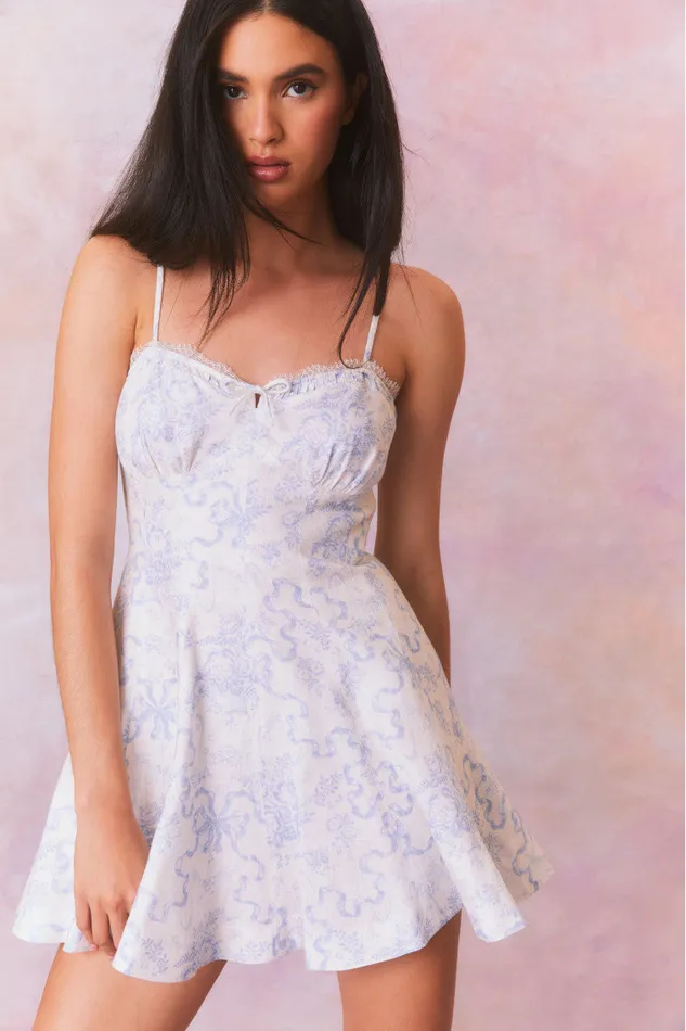 Dresses Women LoveShackFancy Shai Linen Bow Print Mini Dress Blissful Blue