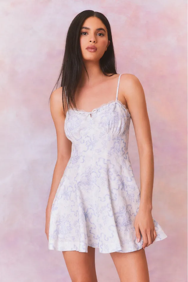 Dresses Women LoveShackFancy Shai Linen Bow Print Mini Dress Blissful Blue