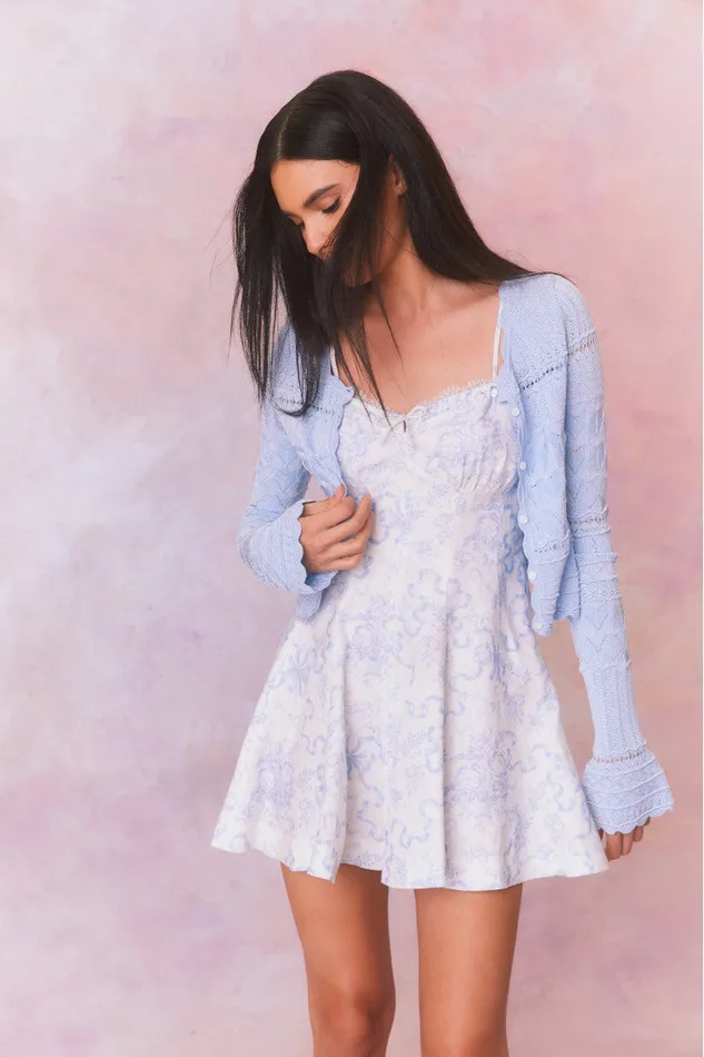 Dresses Women LoveShackFancy Shai Linen Bow Print Mini Dress Blissful Blue