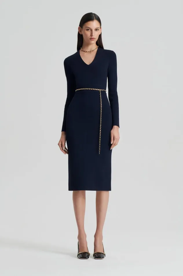 Dresses Women Scanlan Theodore CREPE KNIT LONG SLEEVE V NECK DRESS Navy