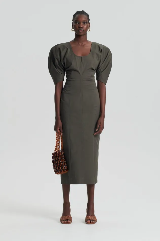 Dresses Women Scanlan Theodore SATEEN COTTON TAILORED DRESS Khaki