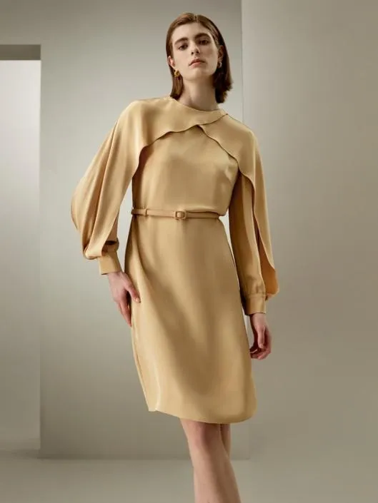 Elegant Silk Midi Dress With Lantern Sleeves Women Jumpsuits Lilysilk Dresses