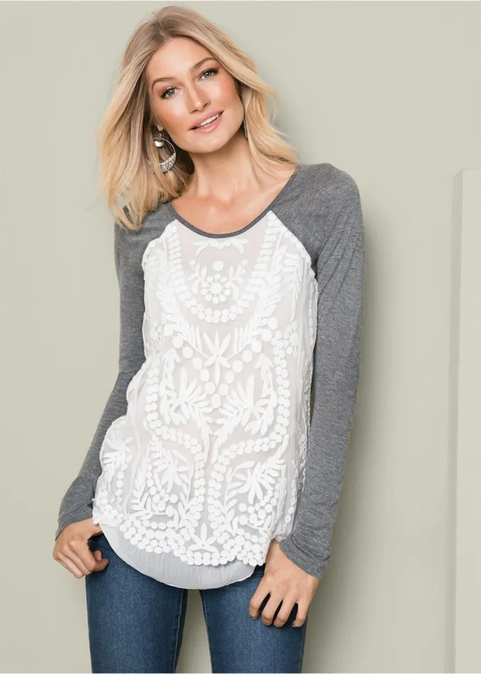 EMBROIDERED LAYERED TOP Charcoal Heather Grey Women VENUS Casual Tops