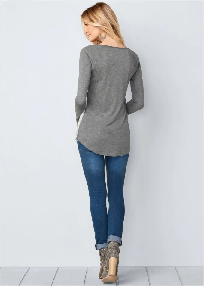 EMBROIDERED LAYERED TOP Charcoal Heather Grey Women VENUS Casual Tops