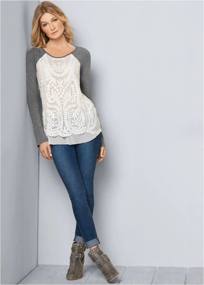EMBROIDERED LAYERED TOP Charcoal Heather Grey Women VENUS Casual Tops