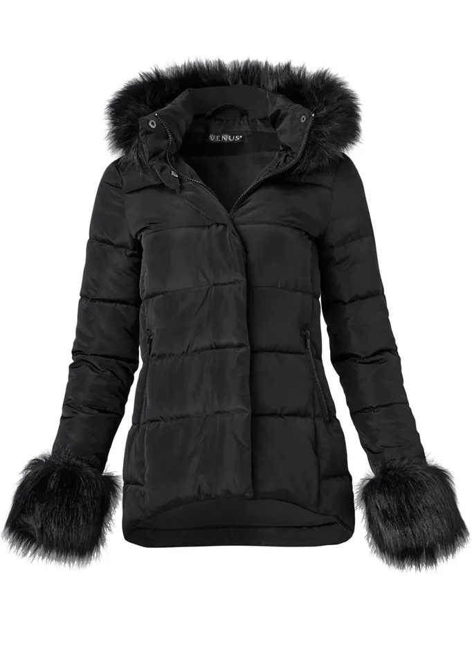 FauxFur Trim Puffer Jacket Black Women VENUS Coats