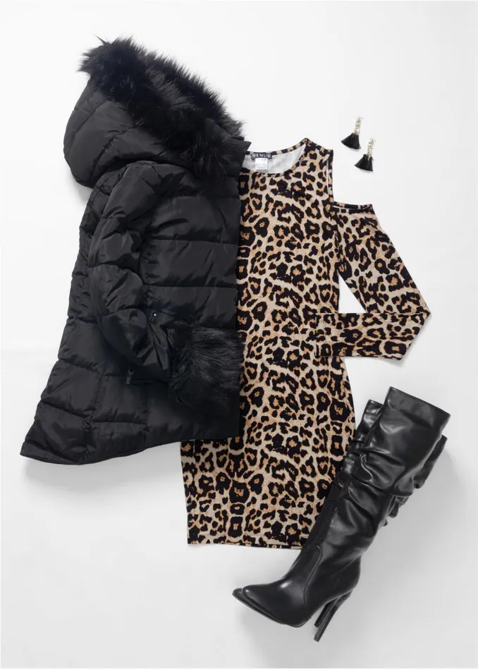 FauxFur Trim Puffer Jacket Black Women VENUS Coats