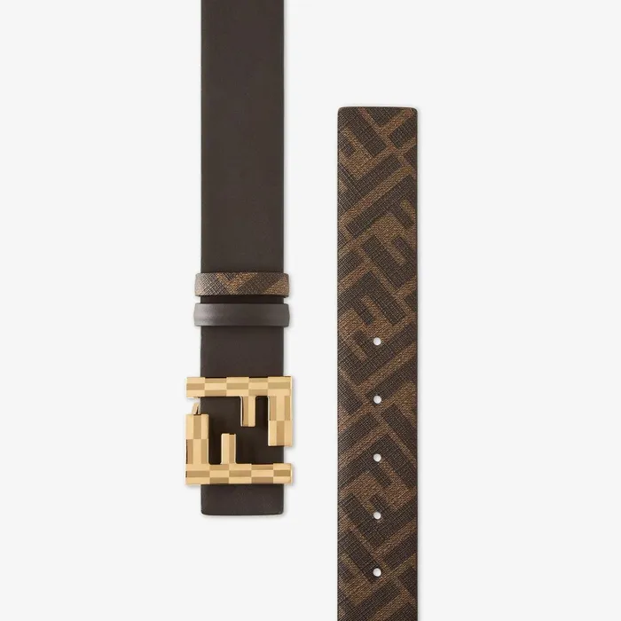 Fendi Belts FF Squared Belt Brown Leather And Brown FF Canvas Reversible Belt 8211 Men