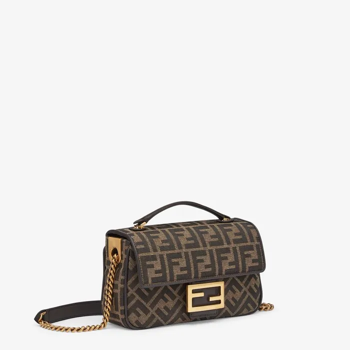 Fendi Shoulder and Crossbody Bags Baguette Chain Midi Brown FF Jacquard Fabric Bag 8211 Women