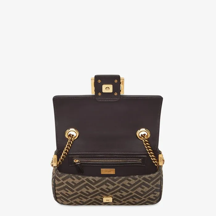 Fendi Shoulder and Crossbody Bags Baguette Chain Midi Brown FF Jacquard Fabric Bag 8211 Women