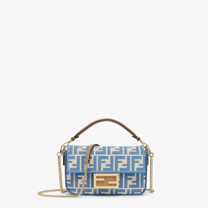 Fendi Shoulder and Crossbody Bags Baguette Mini Light Blue FF Jacquard Fabric Bag 8211 Women Fendi Shoulder and Crossbody Bags Baguette Mini Light Blue FF Jacquard Fabric Bag 8211 Women