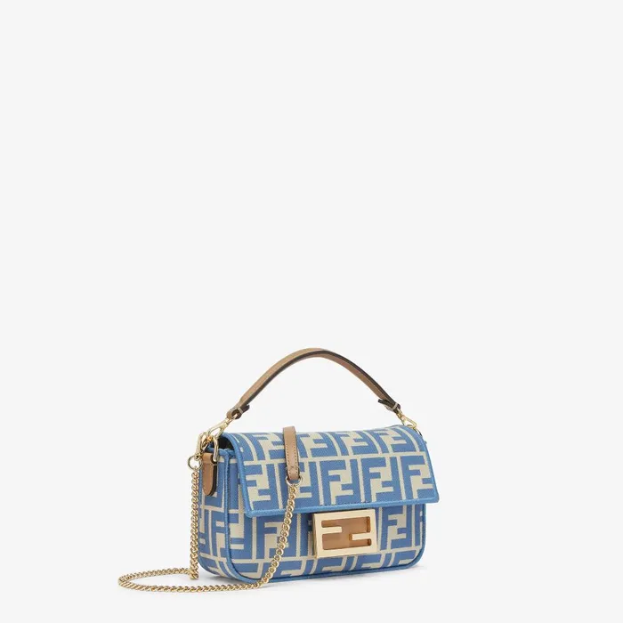 Fendi Shoulder and Crossbody Bags Baguette Mini Light Blue FF Jacquard Fabric Bag 8211 Women