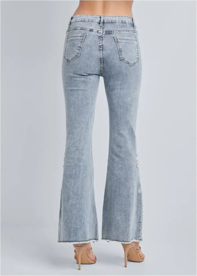 FLORAL APPLIQUE WIDE LEG JEANS Light Wash Women VENUS Novelty Jeans