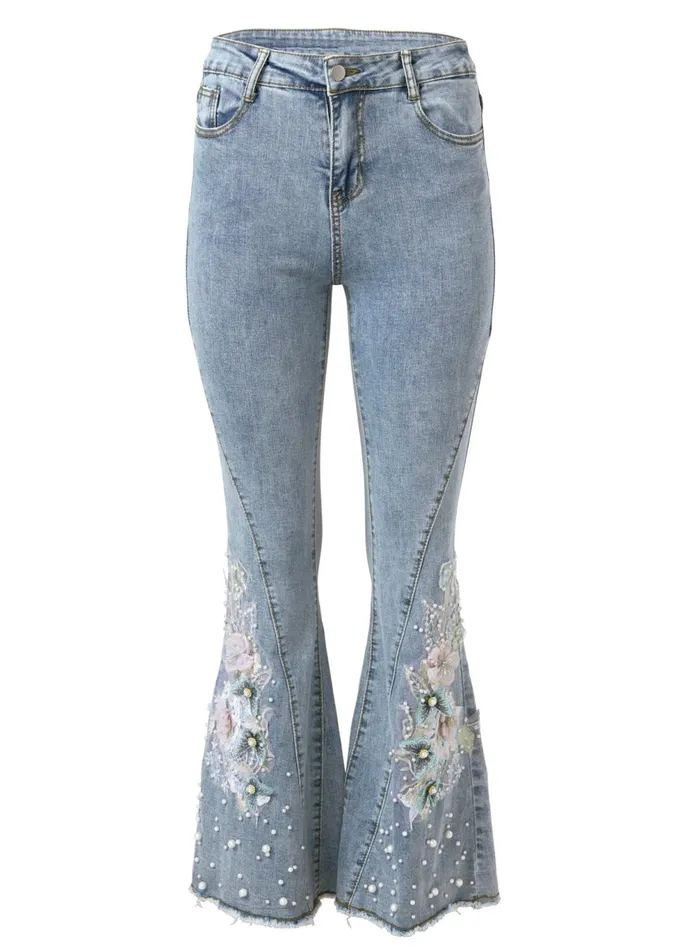 FLORAL APPLIQUE WIDE LEG JEANS Light Wash Women VENUS Novelty Jeans