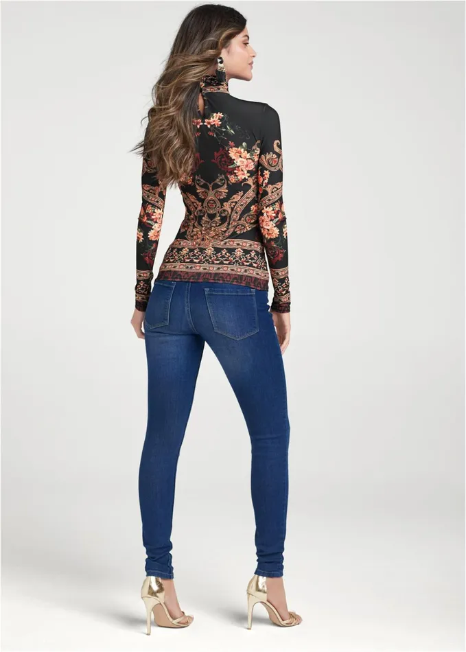 FLORAL PRINT MOCKNECK TOP Black Multi Women VENUS Casual Tops