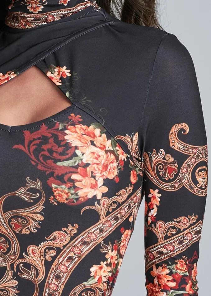 FLORAL PRINT MOCKNECK TOP Black Multi Women VENUS Casual Tops
