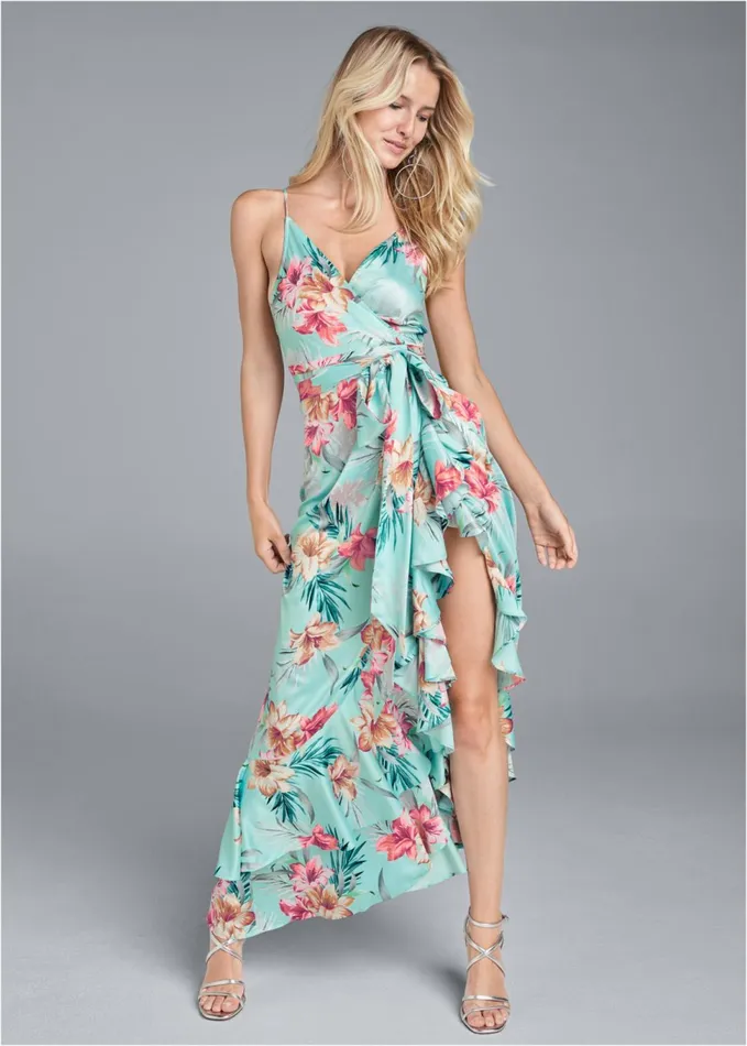 FLORAL PRINT WRAP DRESS Aqua Multi Women VENUS Maxi Dresses
