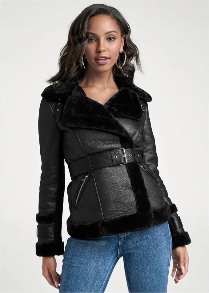 Fur Trim Fauxleather Coat Black Women VENUS Coats